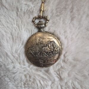 Vintage Zomorrod Pocket Watch Pocketwatch Clip Gold Tone 17 Jewels Farming Scene